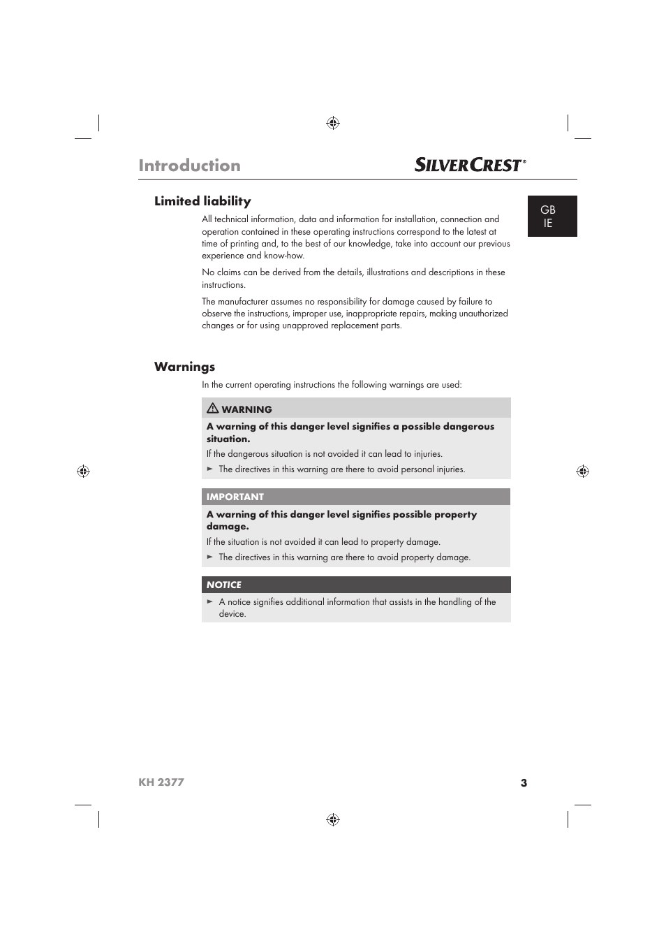Introduction, Limited liability, Warnings | Silvercrest KH 2377 User Manual | Page 5 / 42
