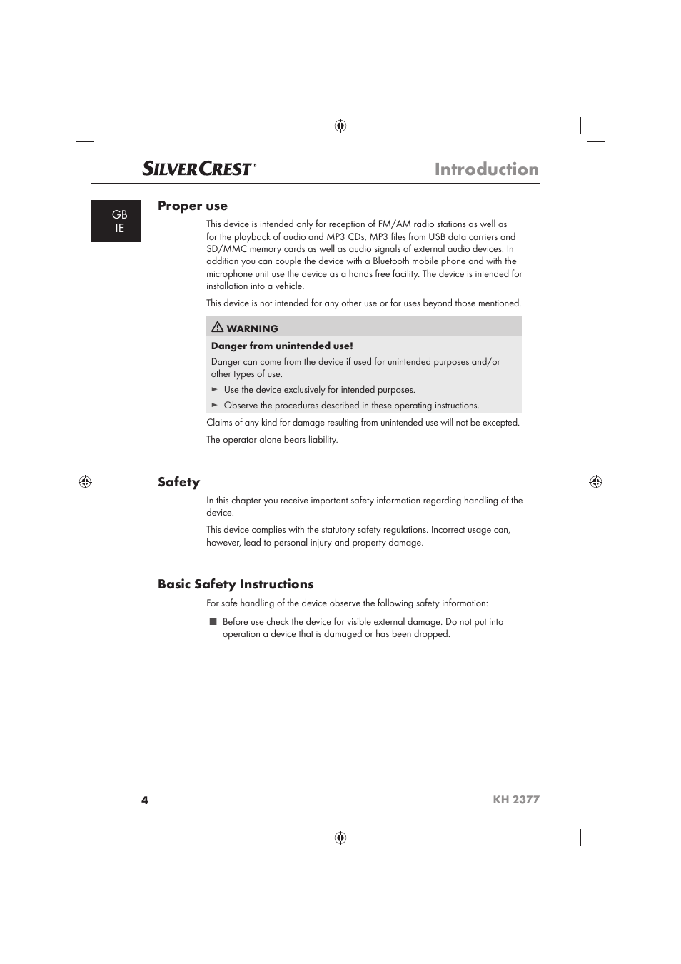 Introduction, Proper use, Safety | Basic safety instructions | Silvercrest KH 2377 User Manual | Page 6 / 42