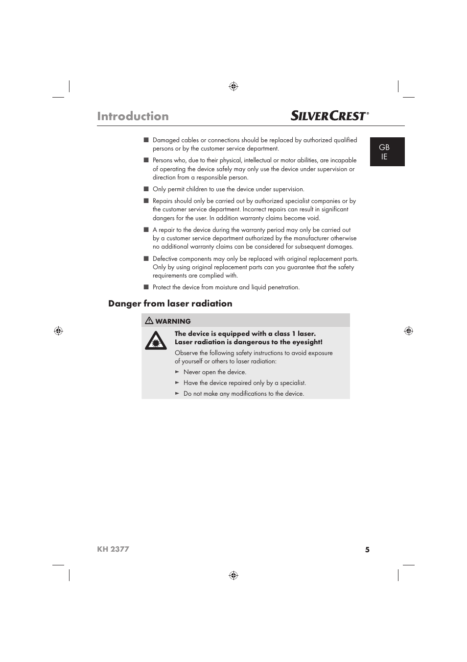 Introduction, Danger from laser radiation | Silvercrest KH 2377 User Manual | Page 7 / 42