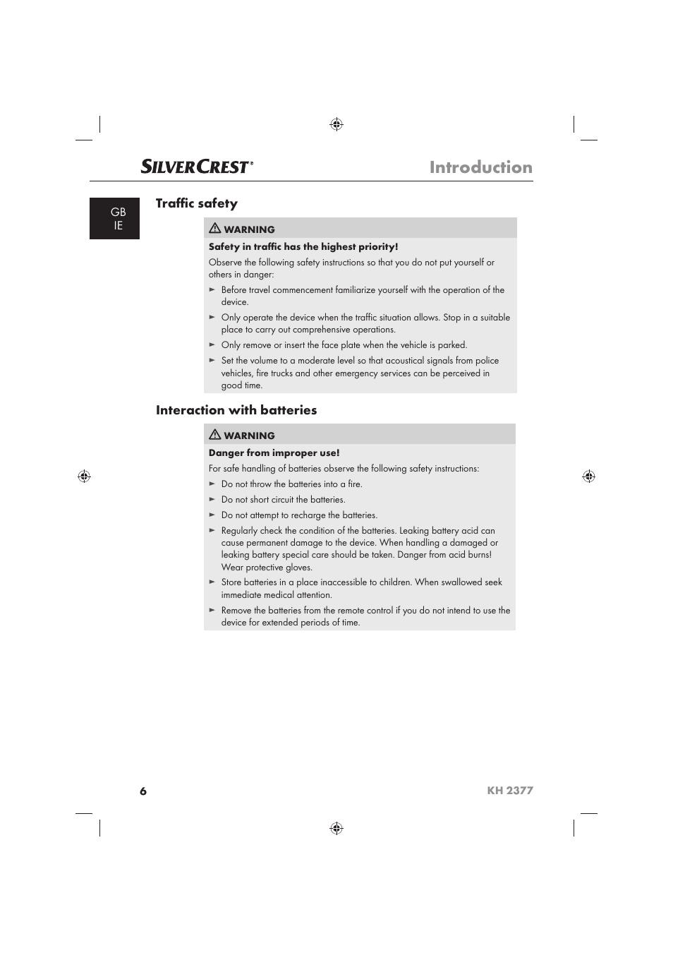 Introduction, Traﬃ c safety, Interaction with batteries | Silvercrest KH 2377 User Manual | Page 8 / 42