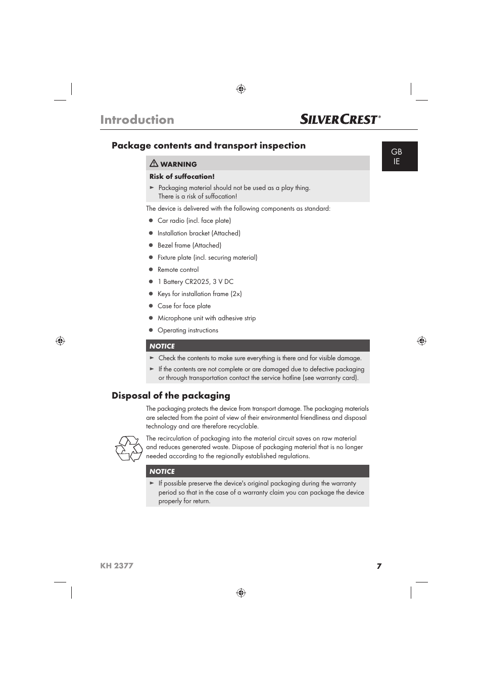 Introduction, Package contents and transport inspection, Disposal of the packaging | Silvercrest KH 2377 User Manual | Page 9 / 42