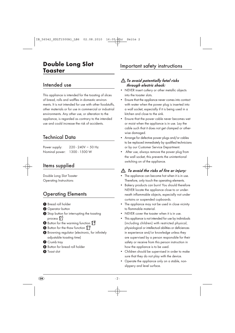 Double long slot toaster, Intended use, Technical data | Items supplied, Operating elements, Important safety instructions | Silvercrest SDLT1500A1 User Manual | Page 4 / 8