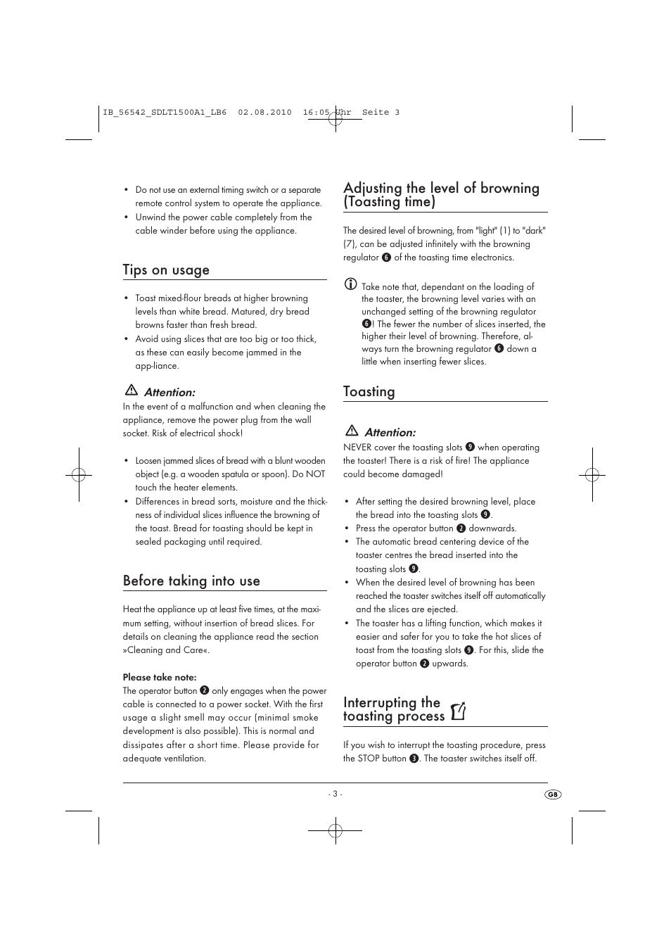 Tips on usage, Before taking into use, Adjusting the level of browning (toasting time) | Toasting, Interrupting the toasting process | Silvercrest SDLT1500A1 User Manual | Page 5 / 8
