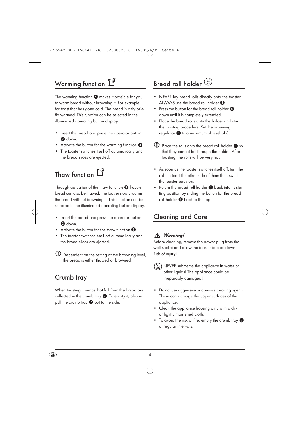 Warming function, Thaw function, Crumb tray | Bread roll holder, Cleaning and care | Silvercrest SDLT1500A1 User Manual | Page 6 / 8