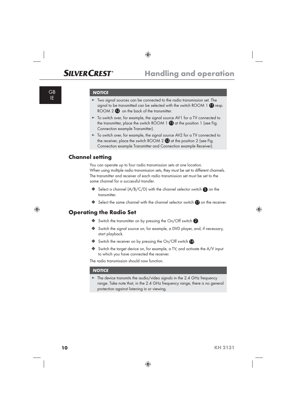 Handling and operation, Channel setting, Operating the radio set | Silvercrest KH 2131 User Manual | Page 12 / 16