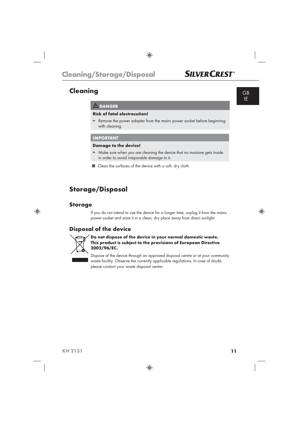 Cleaning/storage/disposal, Cleaning, Storage/disposal | Storage, Disposal of the device | Silvercrest KH 2131 User Manual | Page 13 / 16