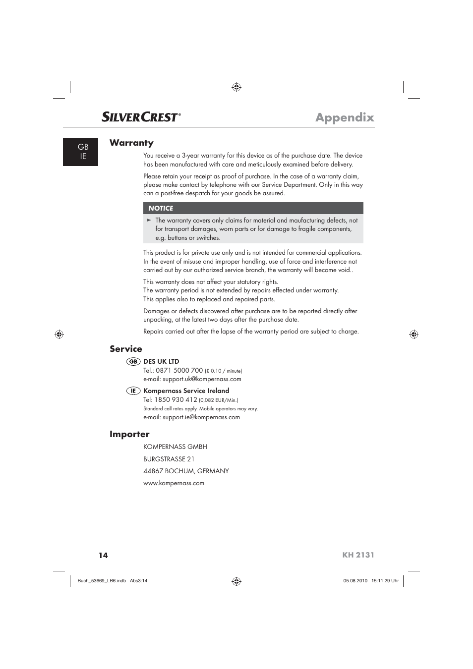 Appendix, Warranty, Service | Importer | Silvercrest KH 2131 User Manual | Page 16 / 16