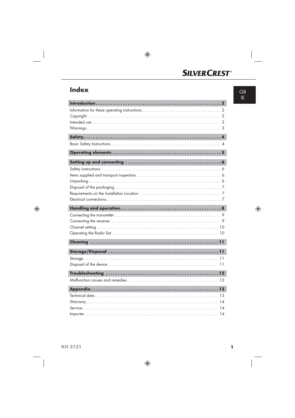 Index | Silvercrest KH 2131 User Manual | Page 3 / 16