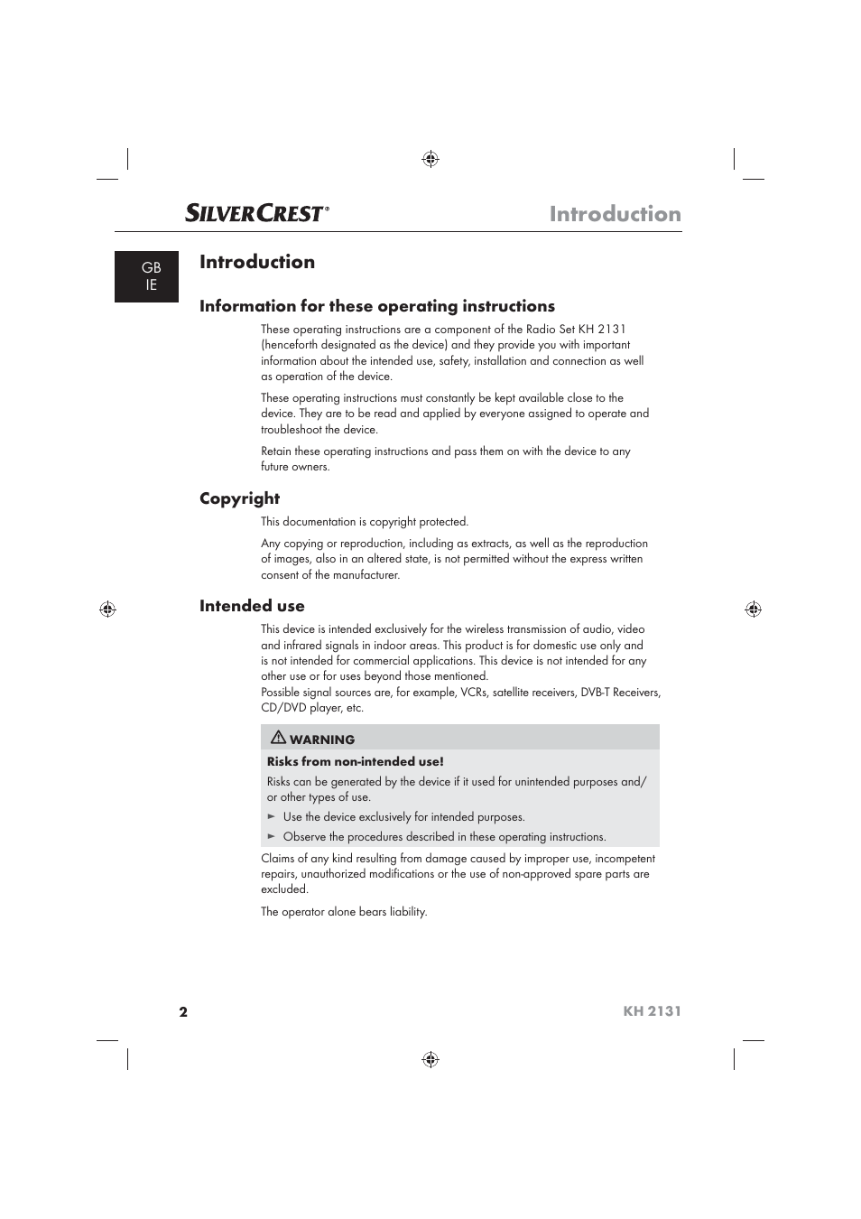 Introduction, Information for these operating instructions, Copyright | Intended use | Silvercrest KH 2131 User Manual | Page 4 / 16