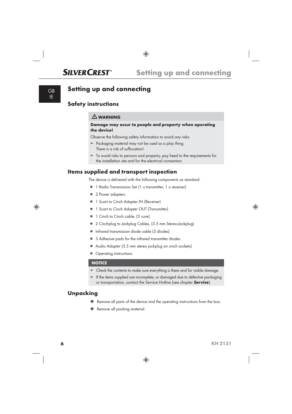 Setting up and connecting, Safety instructions, Items supplied and transport inspection | Unpacking | Silvercrest KH 2131 User Manual | Page 8 / 16