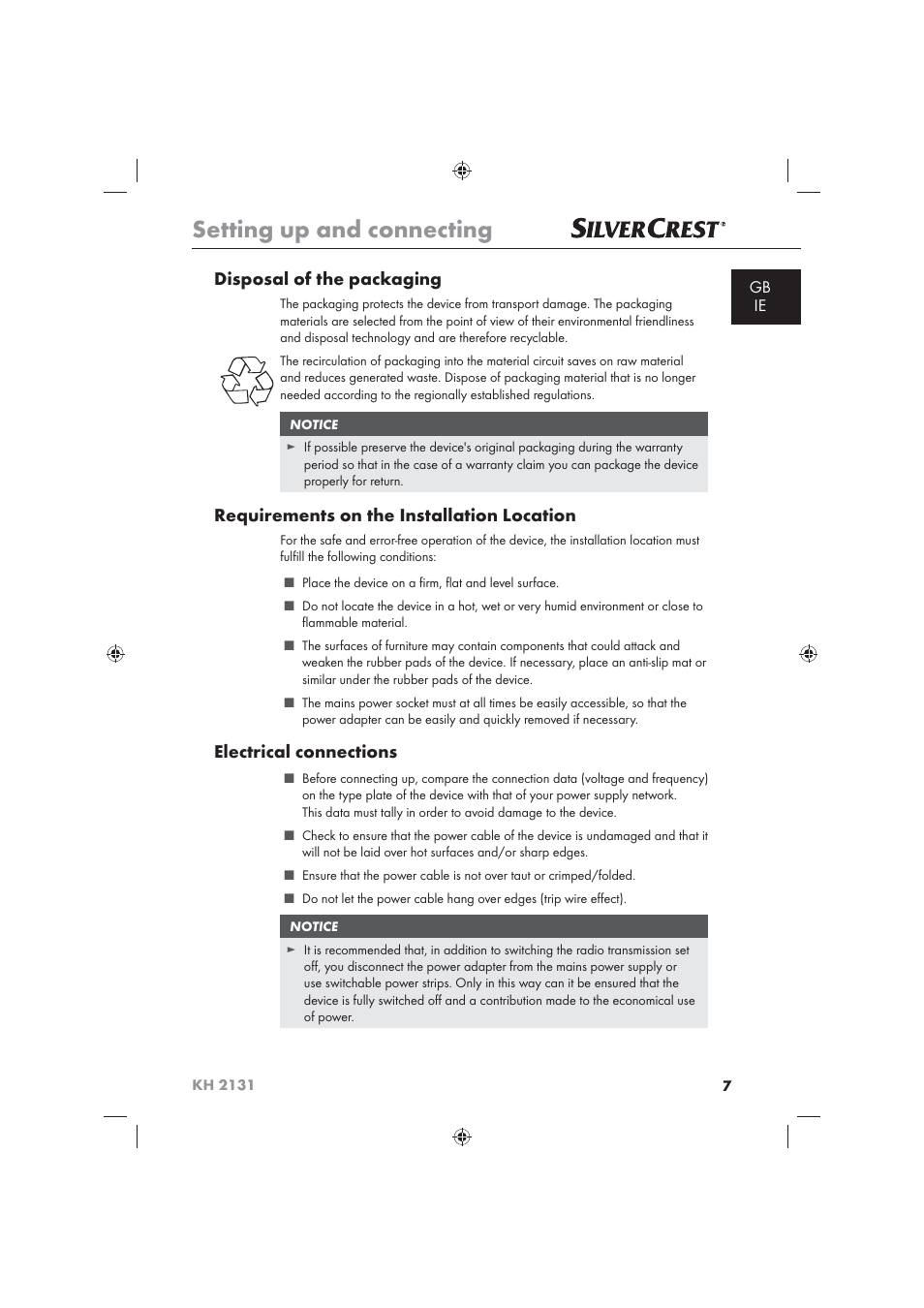 Setting up and connecting, Disposal of the packaging, Requirements on the installation location | Electrical connections | Silvercrest KH 2131 User Manual | Page 9 / 16