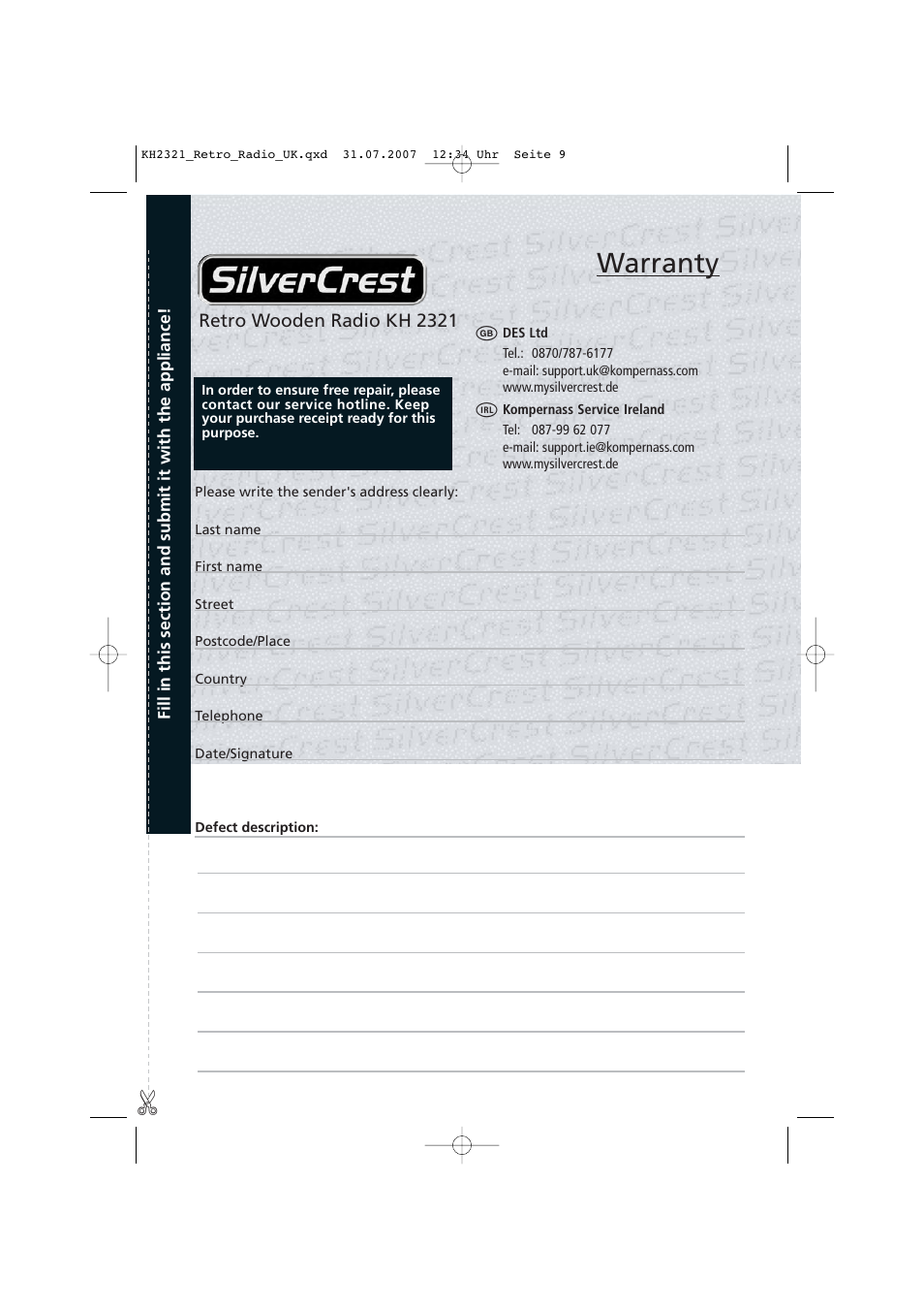 Warranty, Retro wooden radio kh 2321 | Silvercrest KH 2321 User Manual | Page 9 / 10