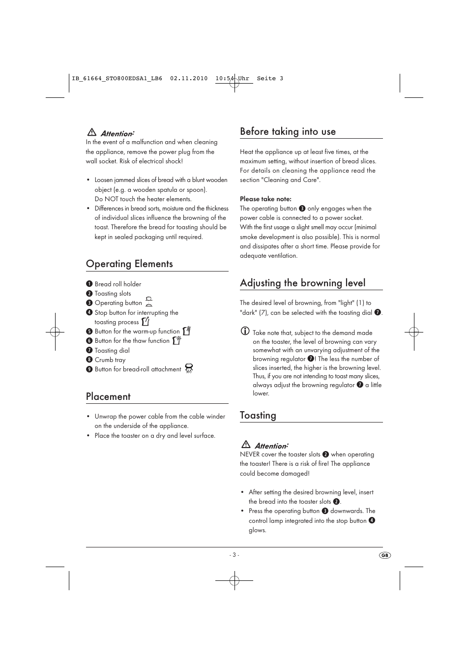 Operating elements, Placement, Before taking into use | Adjusting the browning level, Toasting | Silvercrest STO 800 EDS A1 User Manual | Page 5 / 8