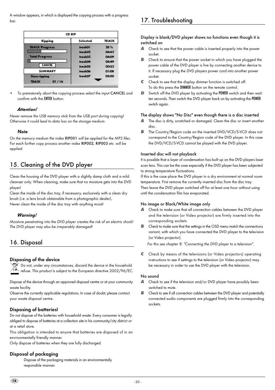 Cleaning of the dvd player, Disposal, Troubleshooting | Silvercrest KH 6521 User Manual | Page 22 / 28