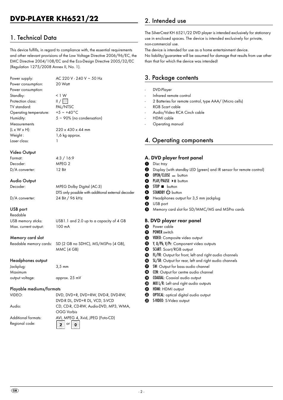 Technical data, Intended use, Package contents | Operating components | Silvercrest KH 6521 User Manual | Page 4 / 28