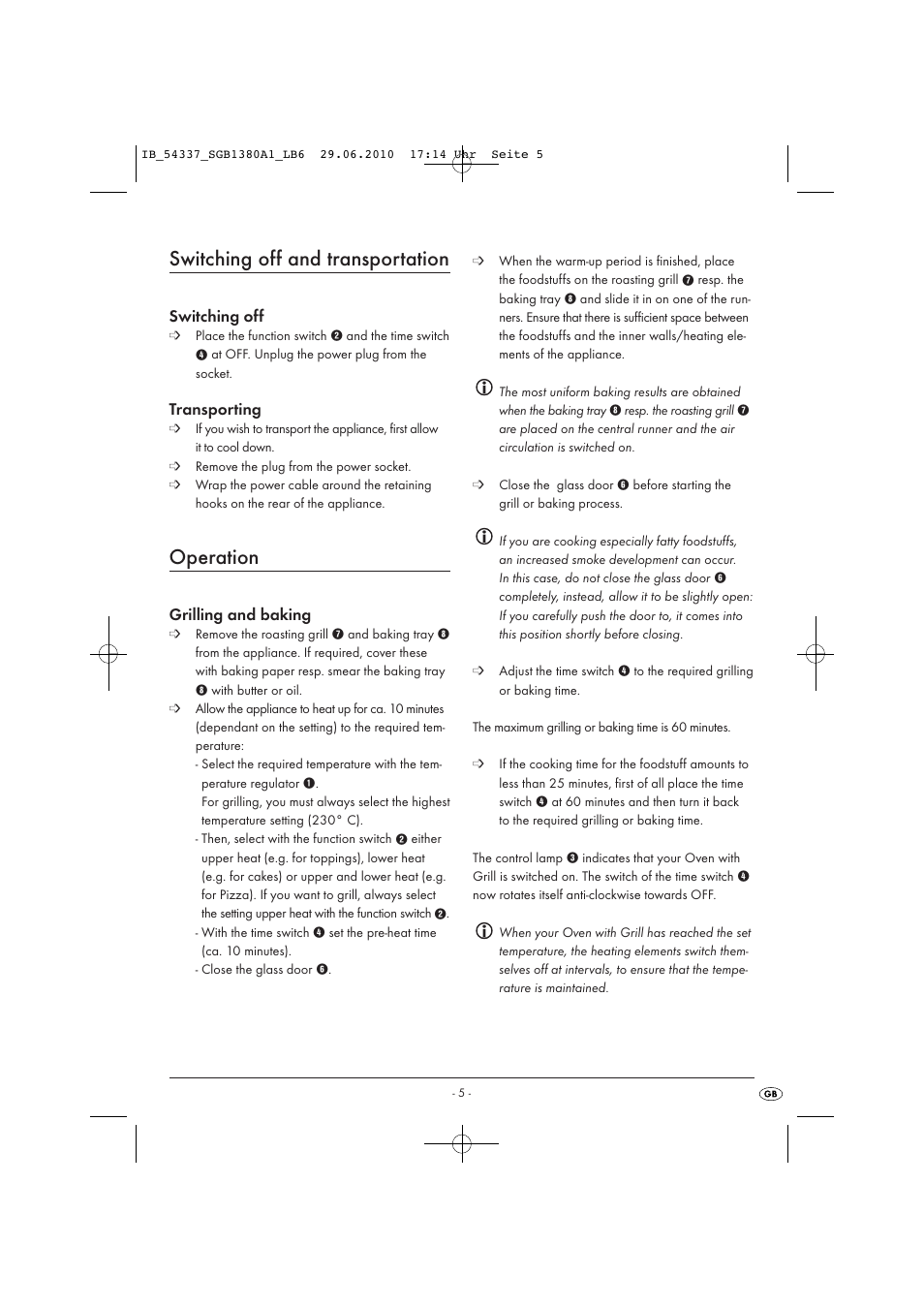 Switching off and transportation, Operation | Silvercrest SGB 1380 A1 User Manual | Page 7 / 13