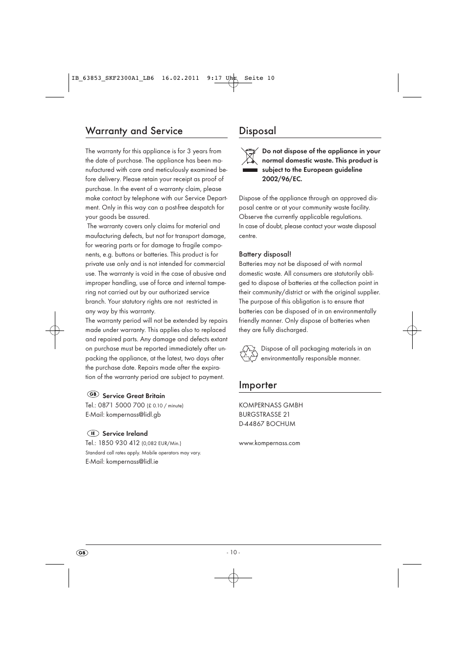 Warranty and service, Disposal, Importer | Silvercrest SKF 2300 A16 User Manual | Page 12 / 14