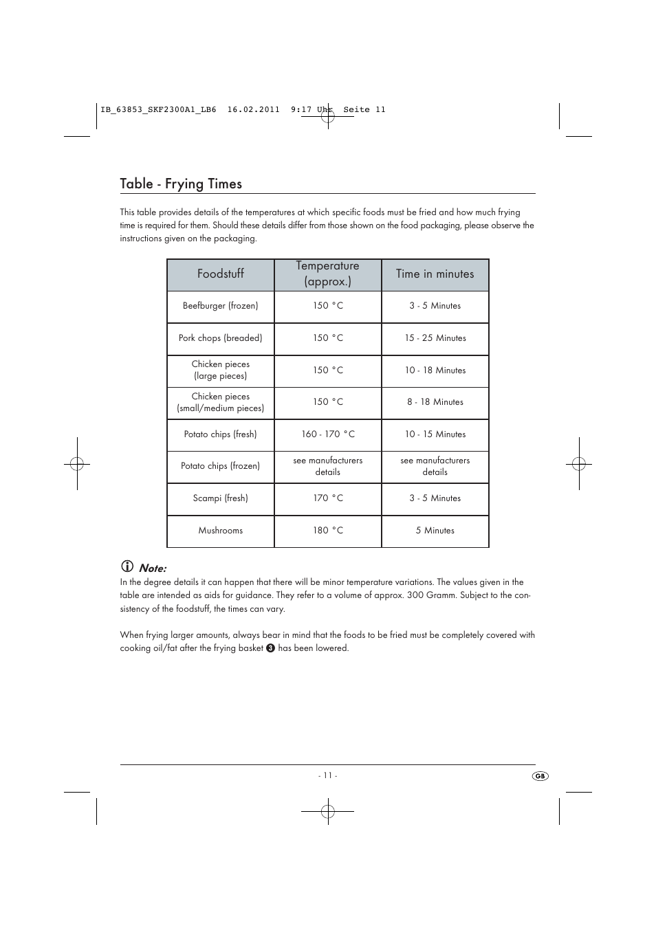 Table - frying times, Foodstuff temperature (approx.) time in minutes | Silvercrest SKF 2300 A16 User Manual | Page 13 / 14