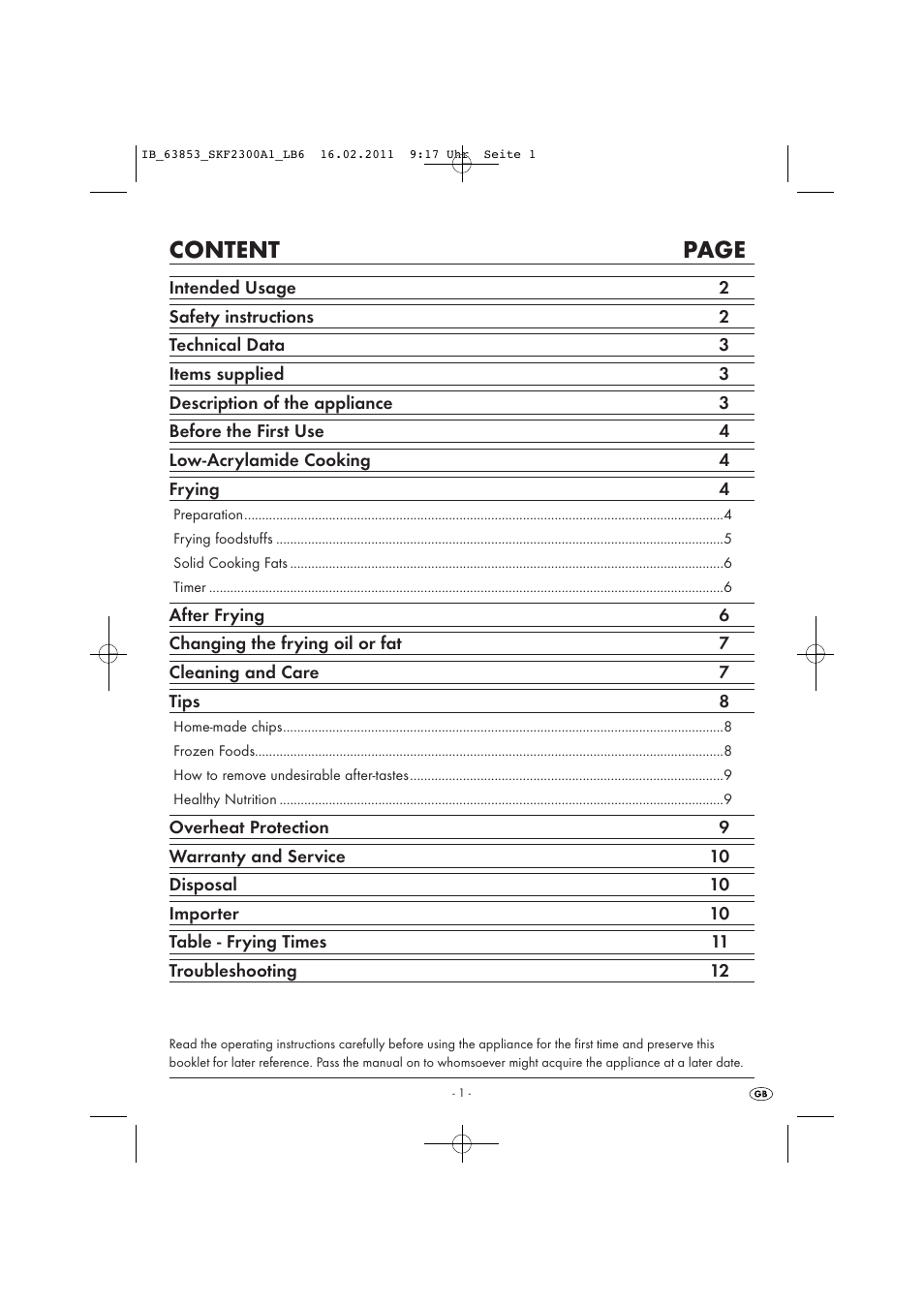Content page | Silvercrest SKF 2300 A16 User Manual | Page 3 / 14