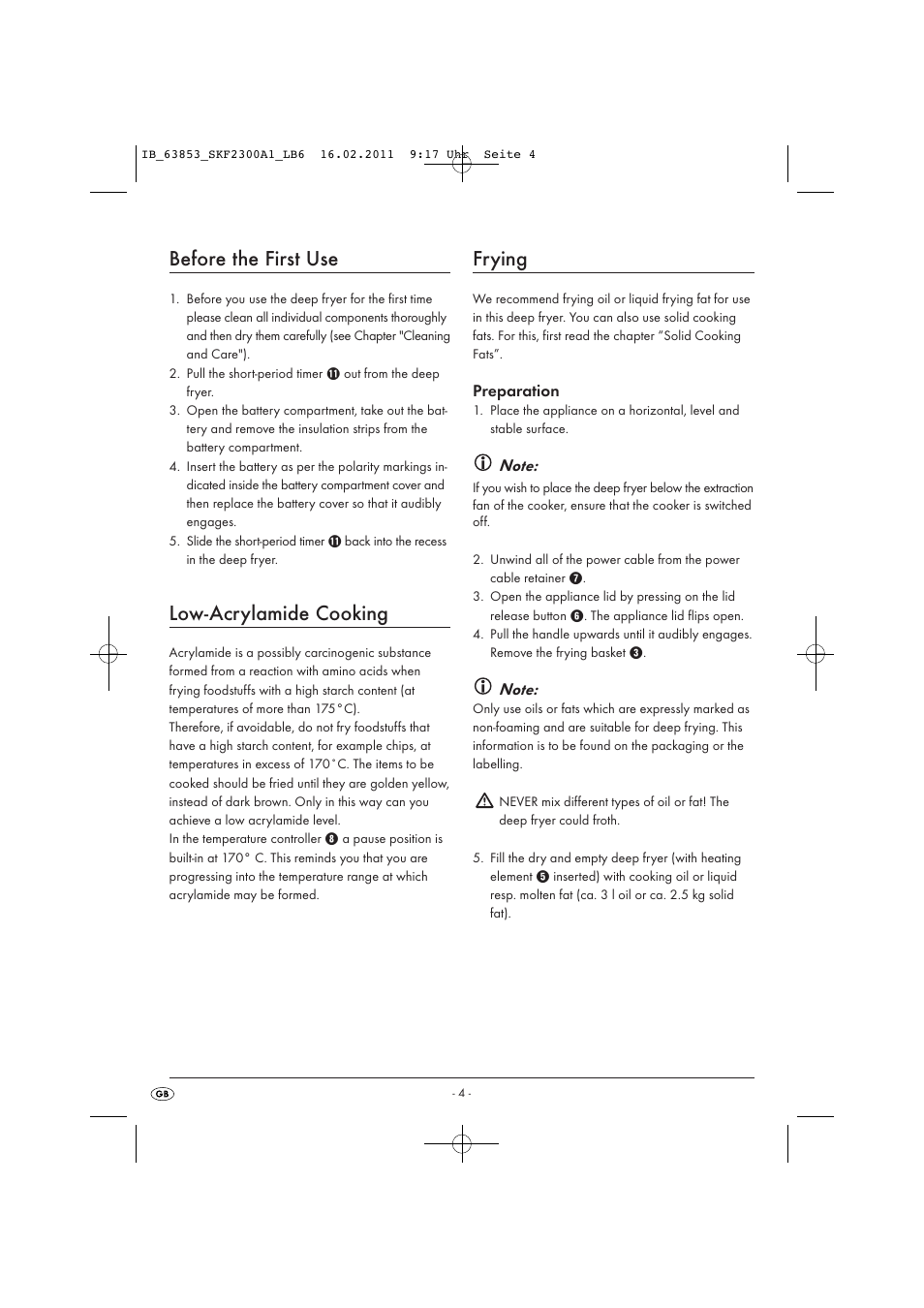 Before the first use, Low-acrylamide cooking, Frying | Silvercrest SKF 2300 A16 User Manual | Page 6 / 14