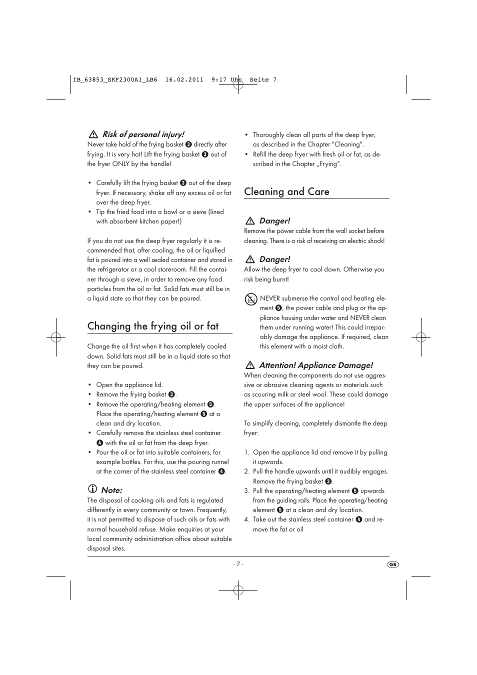 Changing the frying oil or fat, Cleaning and care | Silvercrest SKF 2300 A16 User Manual | Page 9 / 14