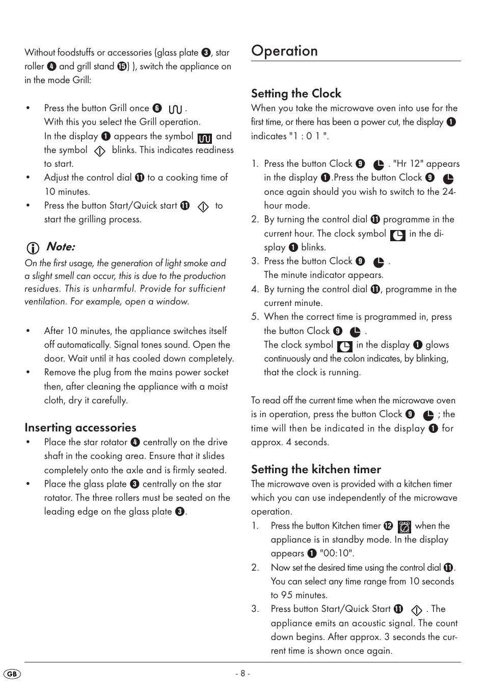 Operation, Inserting accessories, Setting the clock | Setting the kitchen timer | Silvercrest SMW 800 A1 User Manual | Page 10 / 18