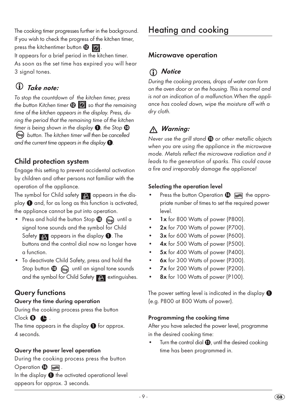 Heating and cooking, Child protection system, Query functions | Microwave operation notice, Warning | Silvercrest SMW 800 A1 User Manual | Page 11 / 18