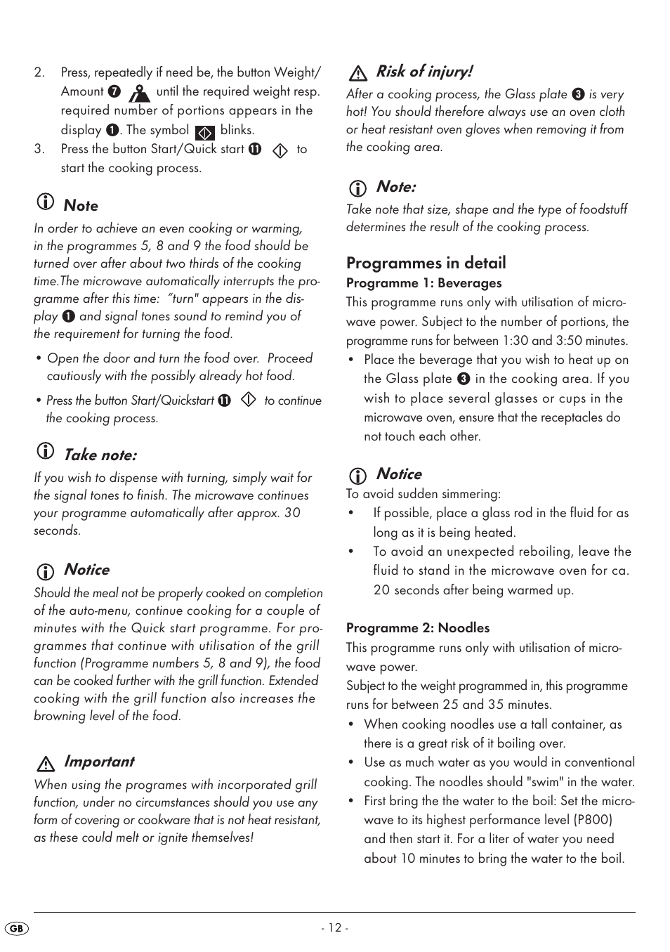 Notice, Important, Risk of injury | Programmes in detail | Silvercrest SMW 800 A1 User Manual | Page 14 / 18