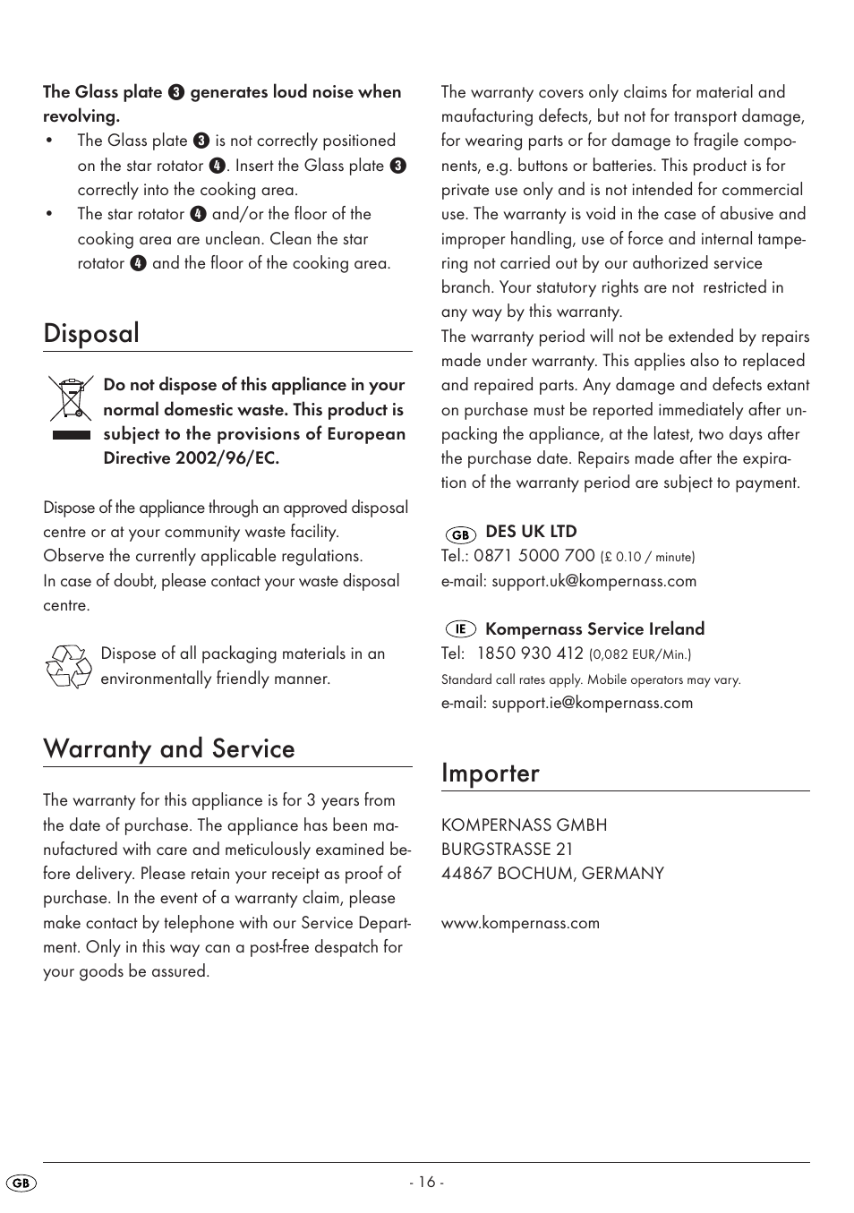 Disposal, Warranty and service, Importer | Silvercrest SMW 800 A1 User Manual | Page 18 / 18