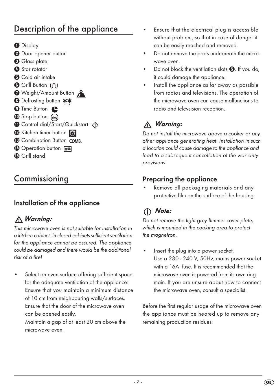 Description of the appliance, Commissioning | Silvercrest SMW 800 A1 User Manual | Page 9 / 18