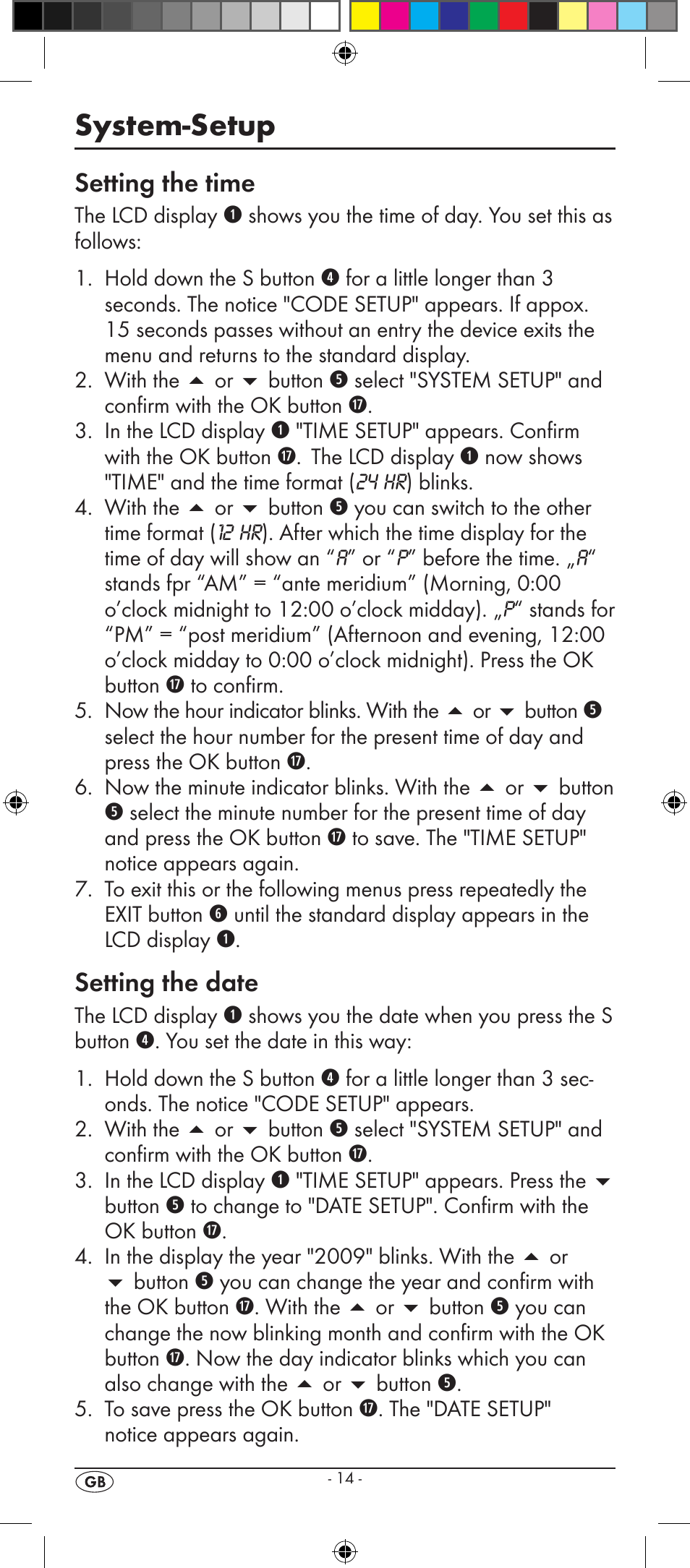 System-setup, Setting the time, Setting the date | Silvercrest KH 2157 User Manual | Page 16 / 78