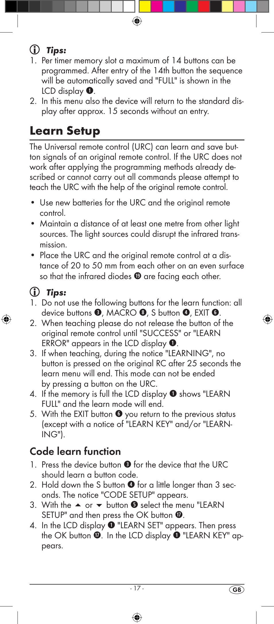 Learn setup, Code learn function | Silvercrest KH 2157 User Manual | Page 19 / 78