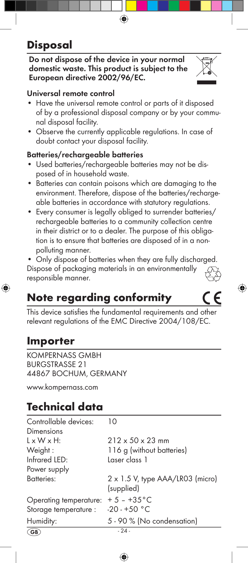 Disposal, Importer, Technical data | Silvercrest KH 2157 User Manual | Page 26 / 78