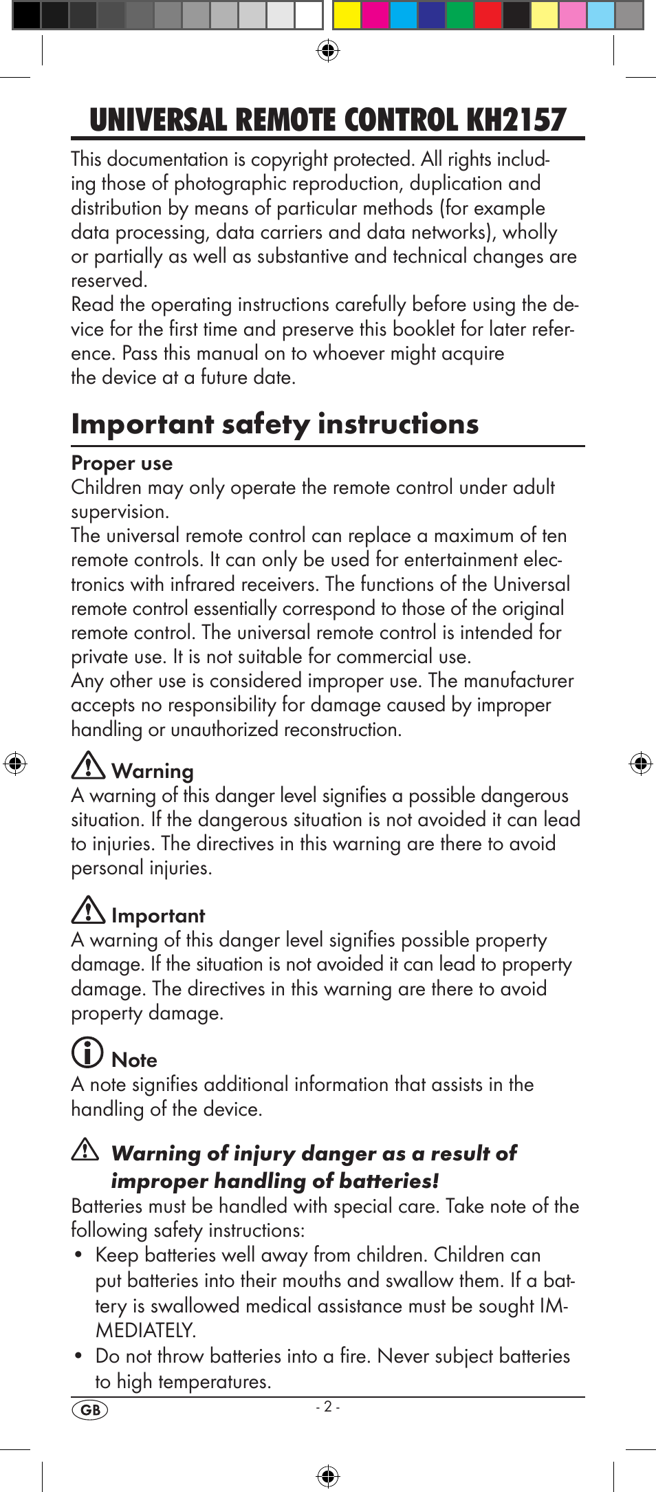 Universal remote control kh2157, Important safety instructions | Silvercrest KH 2157 User Manual | Page 4 / 78