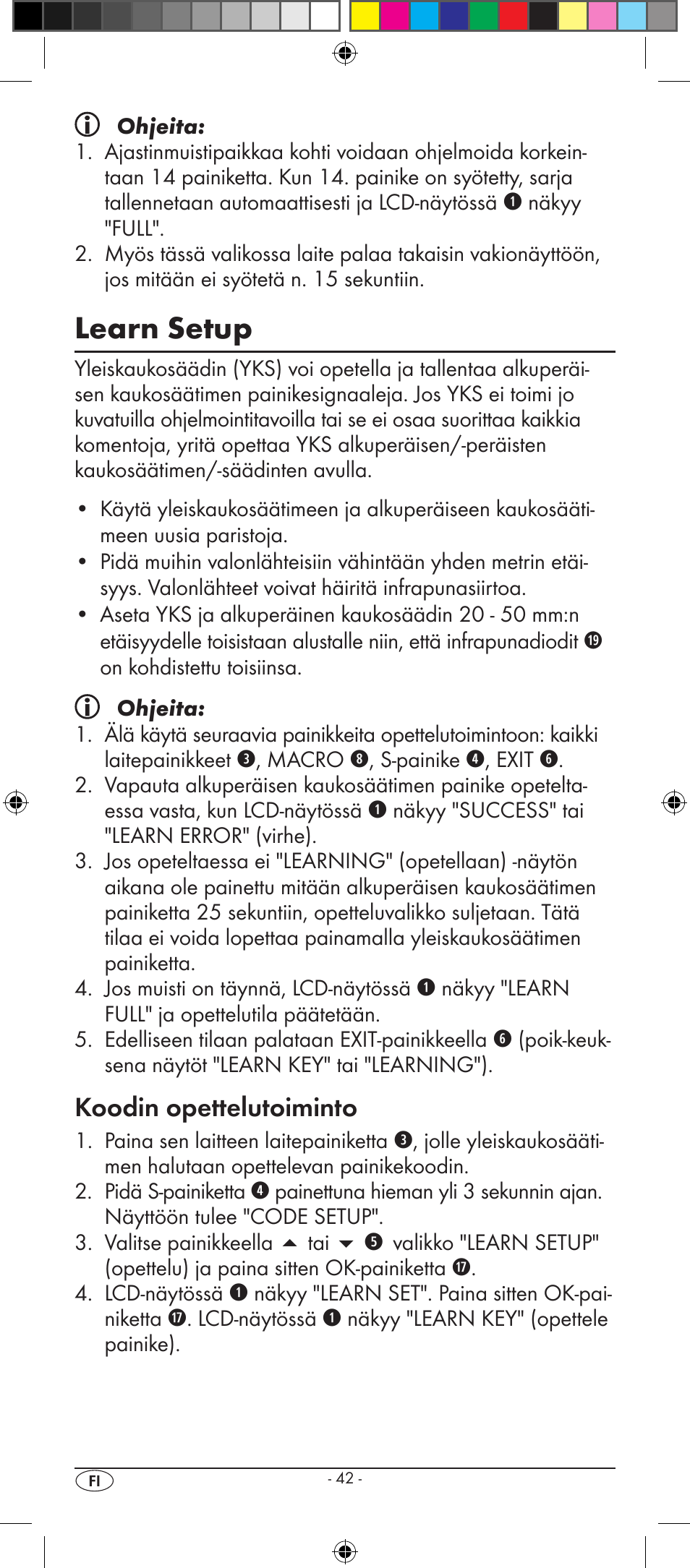 Learn setup, Koodin opettelutoiminto | Silvercrest KH 2157 User Manual | Page 44 / 78