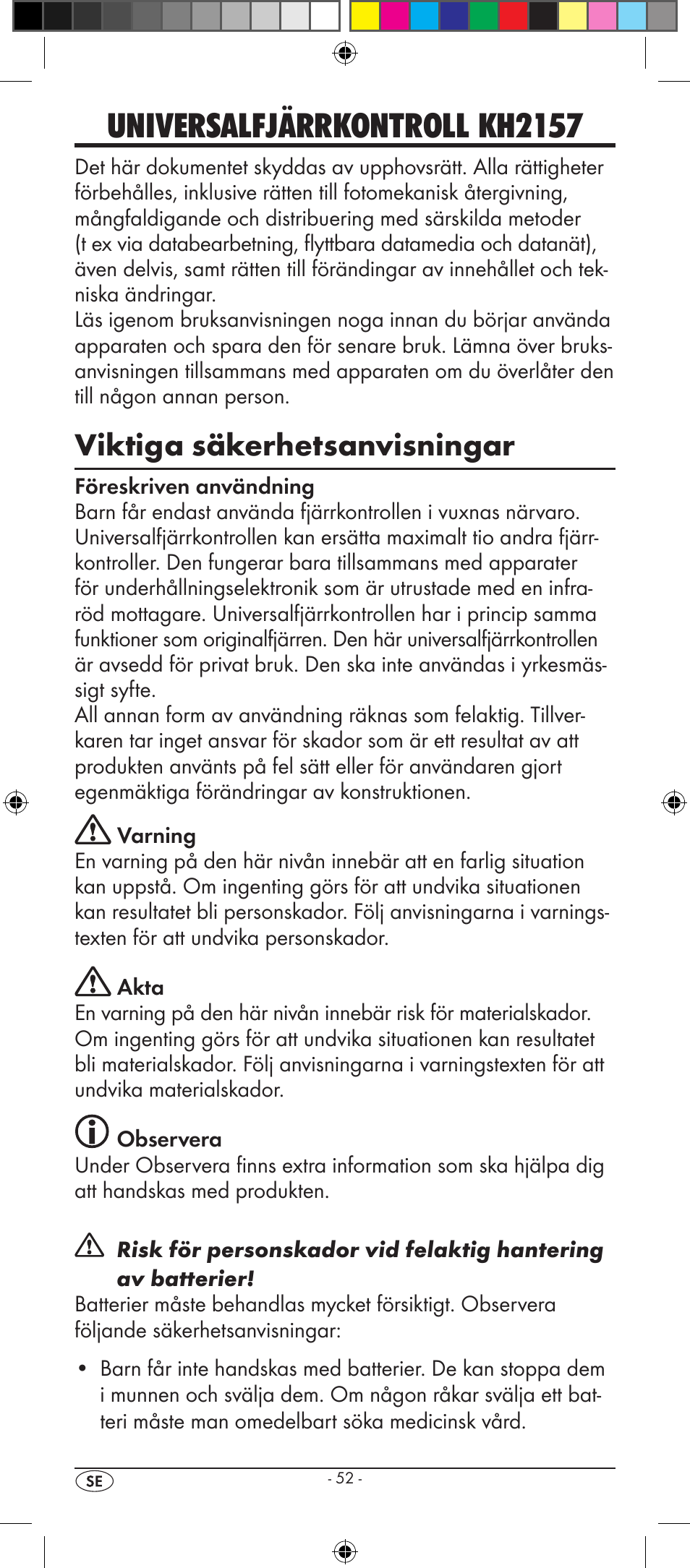 Universalfjärrkontroll kh2157, Viktiga säkerhetsanvisningar | Silvercrest KH 2157 User Manual | Page 54 / 78