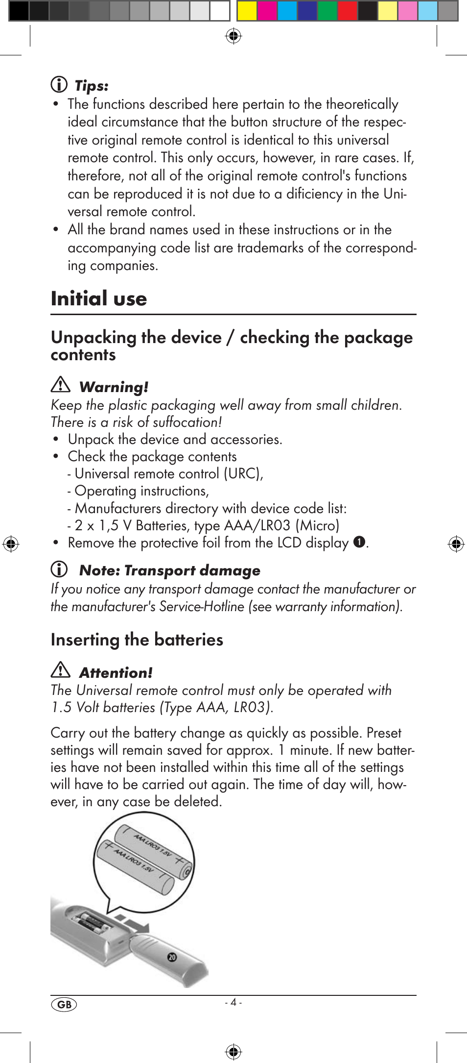 Initial use, Inserting the batteries | Silvercrest KH 2157 User Manual | Page 6 / 78