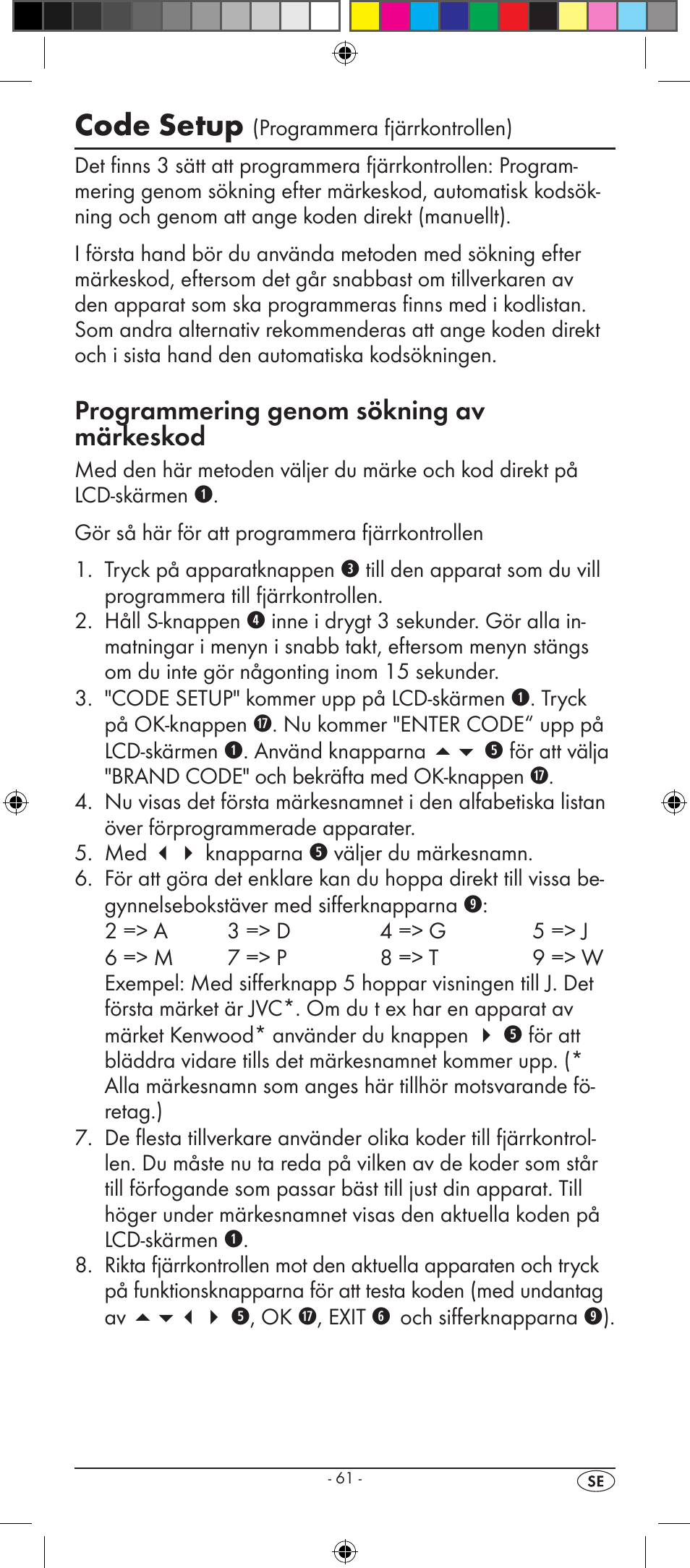 Code setup, Programmering genom sökning av märkeskod | Silvercrest KH 2157 User Manual | Page 63 / 78