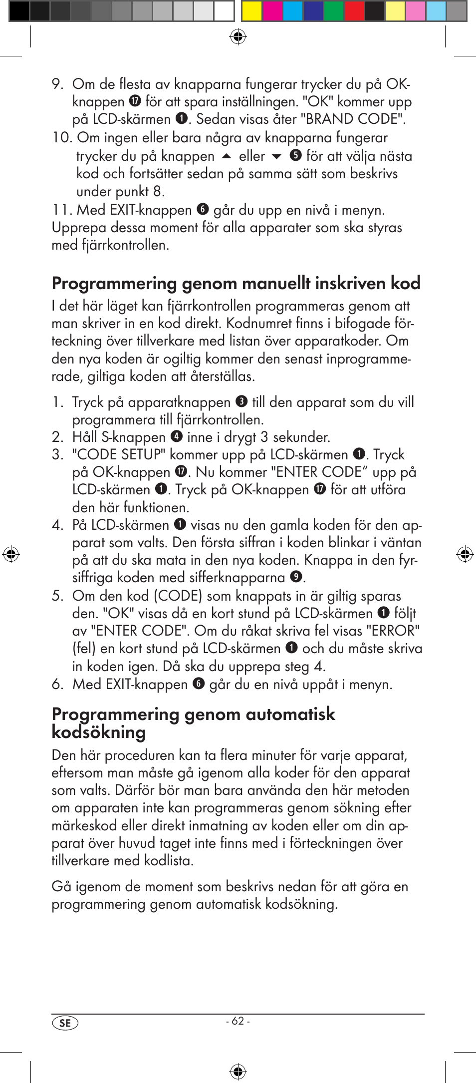 Programmering genom manuellt inskriven kod, Programmering genom automatisk kodsökning | Silvercrest KH 2157 User Manual | Page 64 / 78