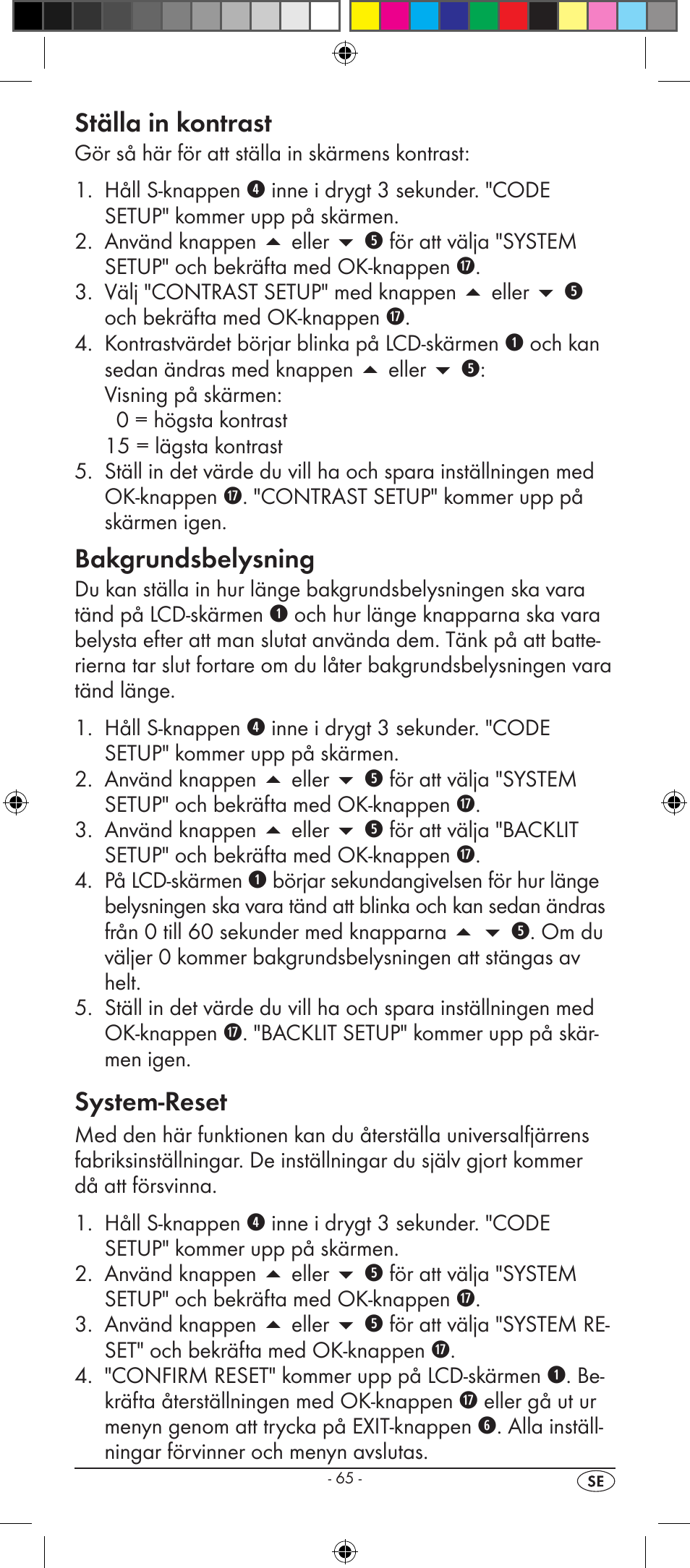 Ställa in kontrast, Bakgrundsbelysning, System-reset | Silvercrest KH 2157 User Manual | Page 67 / 78