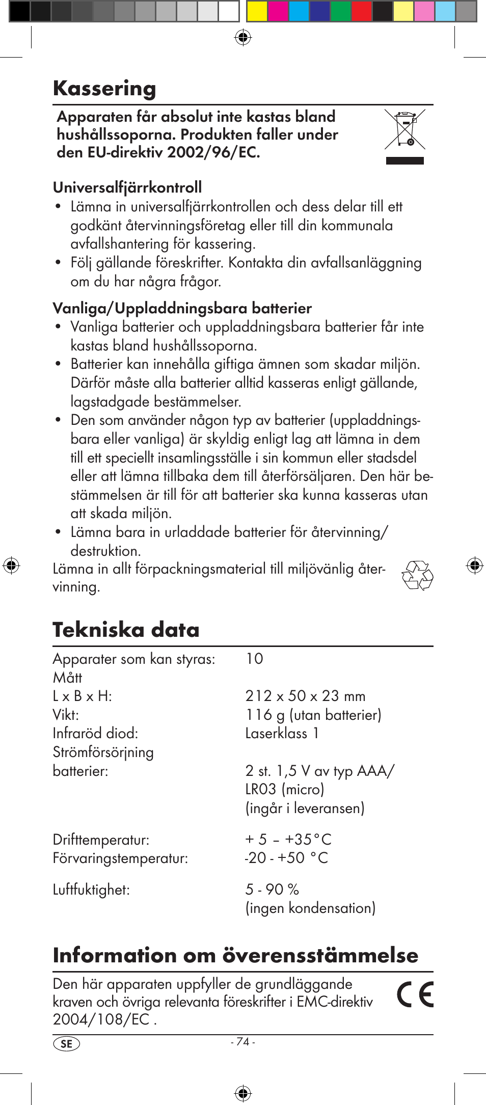 Kassering, Tekniska data, Information om överensstämmelse | Silvercrest KH 2157 User Manual | Page 76 / 78