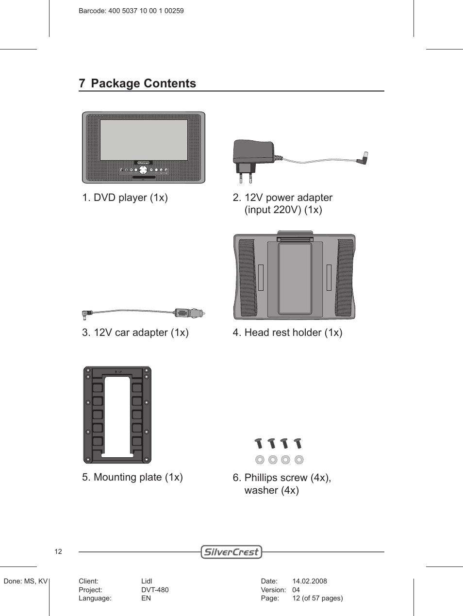 7 package contents, Dvd player (1x) | Silvercrest PLAYER DVT-480 User Manual | Page 12 / 57