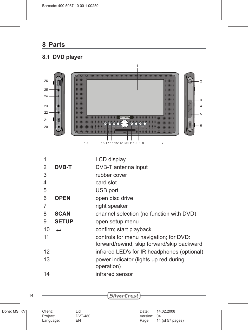 8 parts | Silvercrest PLAYER DVT-480 User Manual | Page 14 / 57