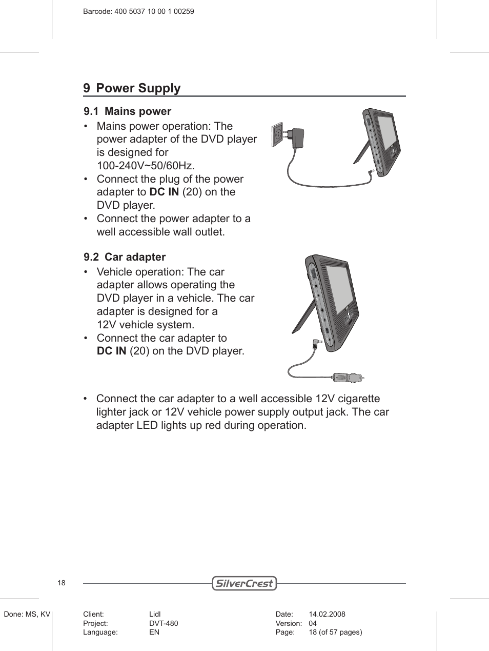 9 power supply | Silvercrest PLAYER DVT-480 User Manual | Page 18 / 57