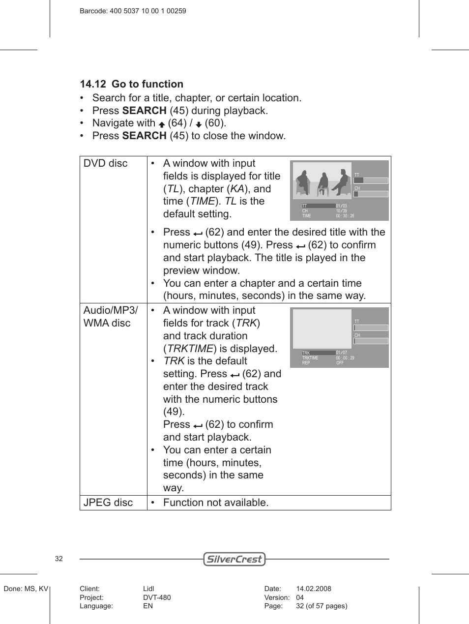 Jpeg disc function not available | Silvercrest PLAYER DVT-480 User Manual | Page 32 / 57