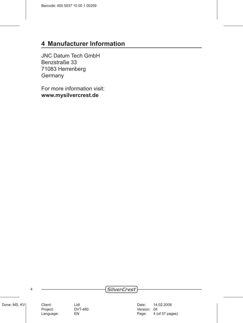 4 manufacturer information | Silvercrest PLAYER DVT-480 User Manual | Page 4 / 57