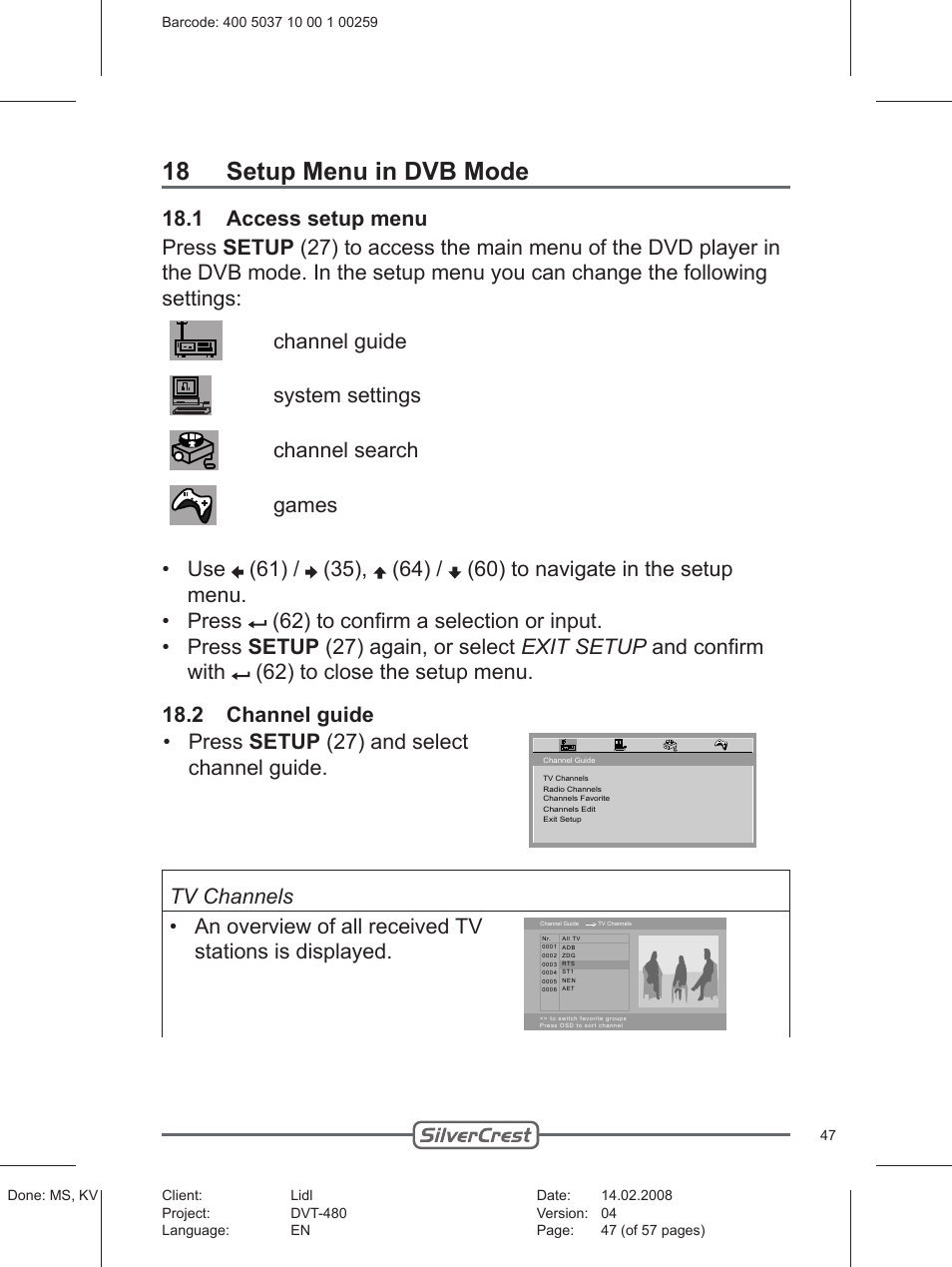 18 setup menu in dvb mode | Silvercrest PLAYER DVT-480 User Manual | Page 47 / 57