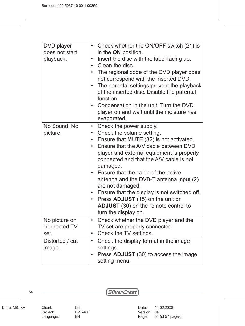 Silvercrest PLAYER DVT-480 User Manual | Page 54 / 57
