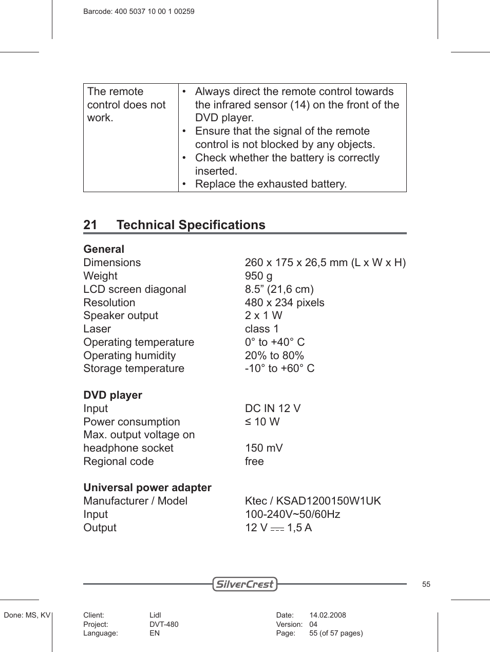 21 technical specifications | Silvercrest PLAYER DVT-480 User Manual | Page 55 / 57