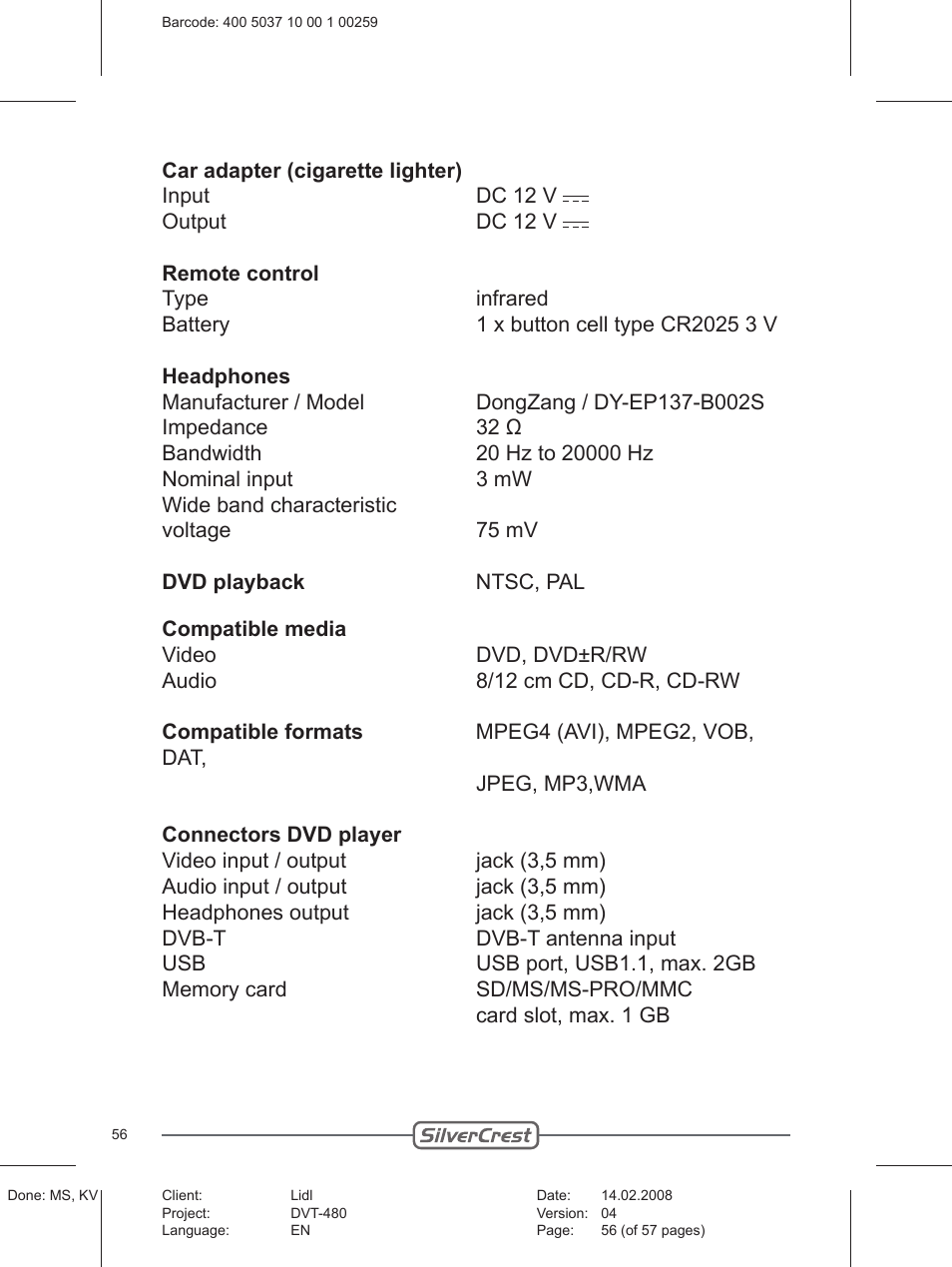 Silvercrest PLAYER DVT-480 User Manual | Page 56 / 57
